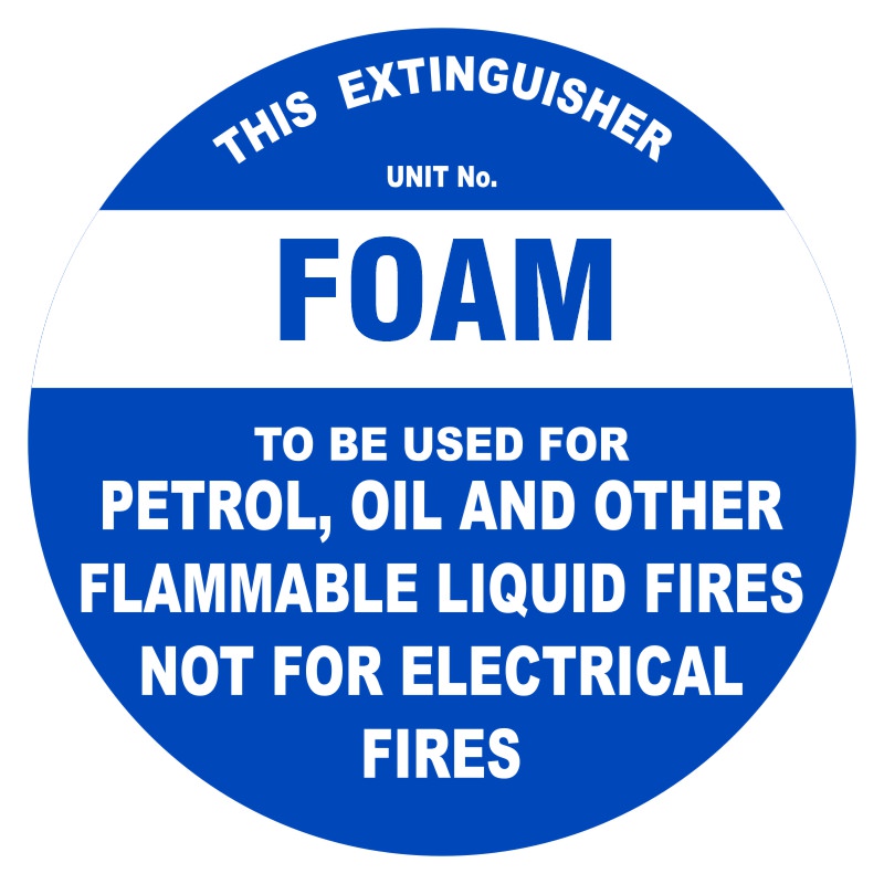 A circular blue label indicating a foam fire extinguisher, stating it is to be used for petrol, oil, and other flammable liquid fires, but not for electrical fires.