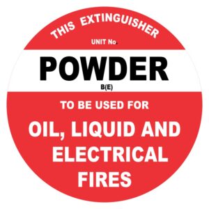 A circular red sign indicating a fire extinguisher type, featuring bold text that reads POWDER B(E) and TO BE USED FOR OIL, LIQUID AND ELECTRICAL FIRES.