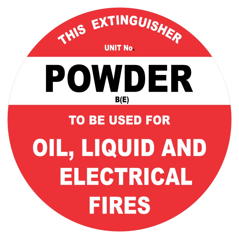 A circular red sign indicating a fire extinguisher type, featuring bold text that reads POWDER B(E) and TO BE USED FOR OIL, LIQUID AND ELECTRICAL FIRES.