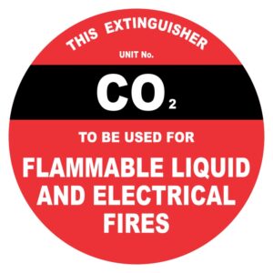 A circular fire extinguisher label in red and black, stating THIS EXTINGUISHER UNIT No. CO2 TO BE USED FOR FLAMMABLE LIQUID AND ELECTRICAL FIRES.