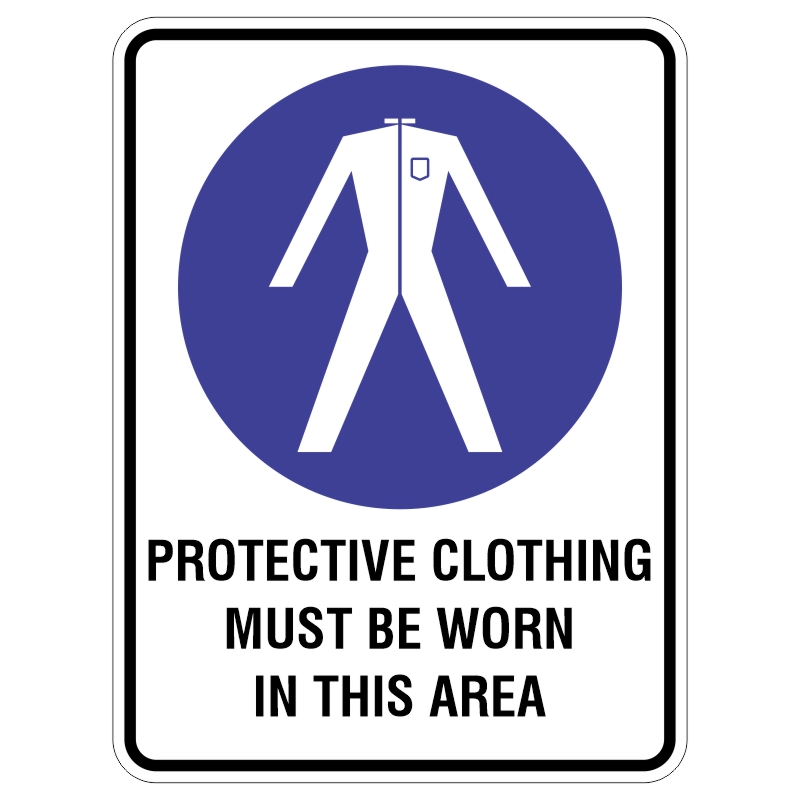 A sign with a blue circle featuring a white figure in a jumpsuit, indicating that protective clothing must be worn in this area, accompanied by the text PROTECTIVE CLOTHING MUST BE WORN IN THIS AREA.