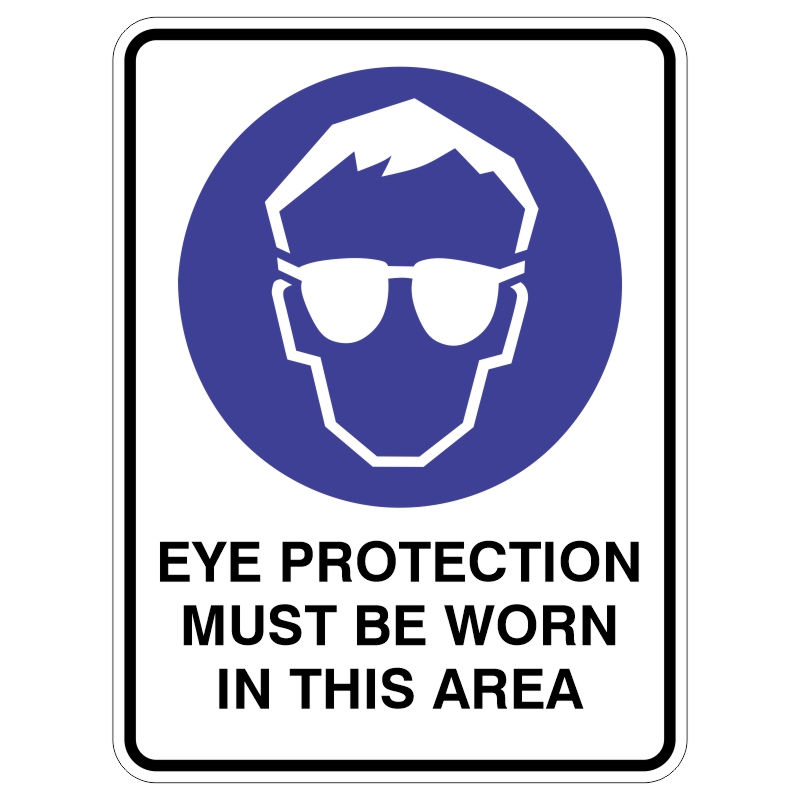 A safety sign depicting a stylized face with glasses in a blue circle, accompanied by the text EYE PROTECTION MUST BE WORN IN THIS AREA underneath.
