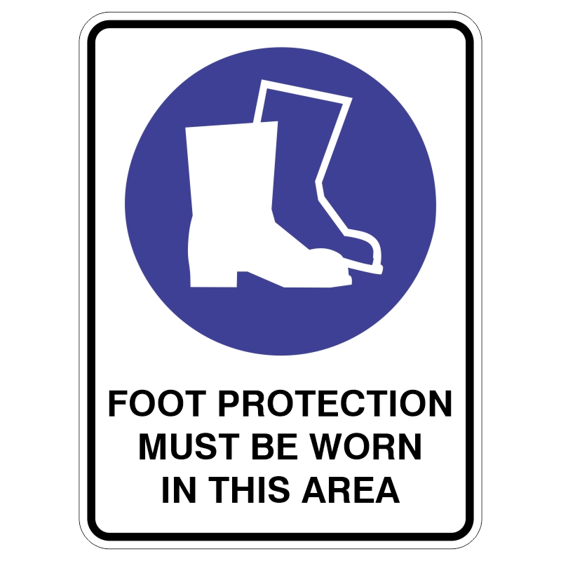 A safety sign depicting two pairs of work boots on a blue circle, with the text FOOT PROTECTION MUST BE WORN IN THIS AREA below.