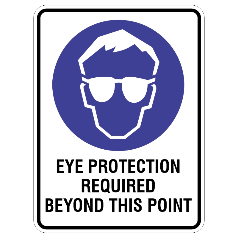 Sign indicating that eye protection is required, featuring an illustration of a person wearing glasses inside a blue circular background, with the text EYE PROTECTION REQUIRED BEYOND THIS POINT below.