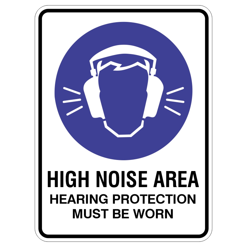 A safety sign indicating a high noise area, featuring a graphic of a head with ear protection and the text HIGH NOISE AREA HEARING PROTECTION MUST BE WORN.