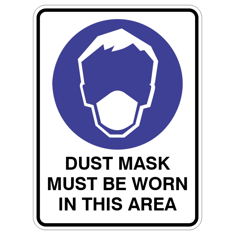 A sign featuring a blue circle and a graphic of a face wearing a dust mask, with the text DUST MASK MUST BE WORN IN THIS AREA below.