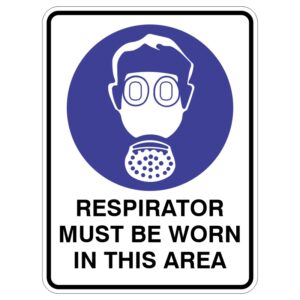 A safety sign featuring a blue circular background with a drawing of a person wearing a respirator mask and goggles, accompanied by the text RESPIRATOR MUST BE WORN IN THIS AREA in bold black letters below.