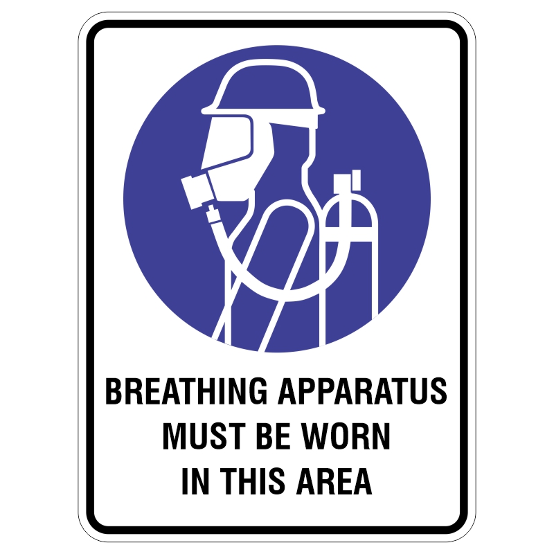 Sign indicating that breathing apparatus must be worn in the area, featuring an illustration of a person wearing a helmet and mask with a breathing apparatus connected to their back, against a blue circular background.