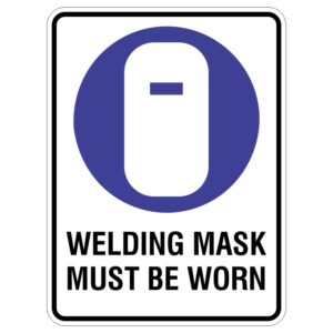 A safety sign indicating that a welding mask must be worn, featuring a stylized welding mask silhouette in a blue circle with the text WELDING MASK MUST BE WORN below it in bold black letters.