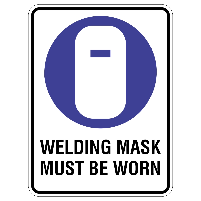 A safety sign indicating that a welding mask must be worn, featuring a stylized welding mask silhouette in a blue circle with the text WELDING MASK MUST BE WORN below it in bold black letters.