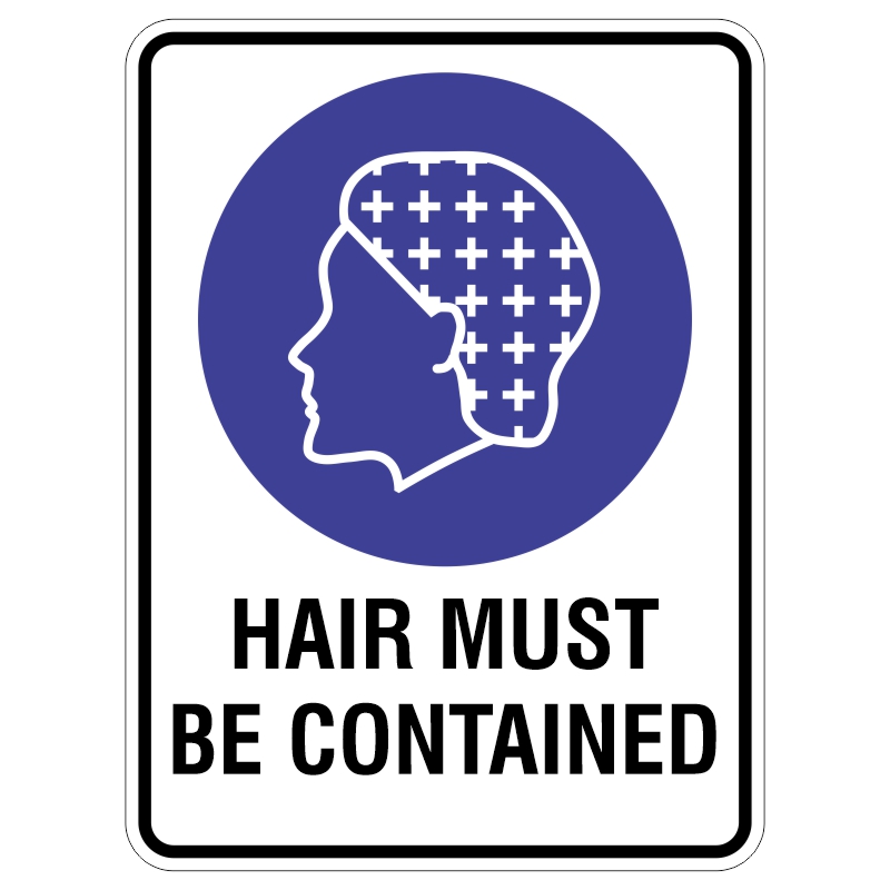 A sign featuring a profile silhouette of a head with hair in a bun, marked with a plus pattern, against a purple circle; text below reads HAIR MUST BE CONTAINED in bold black letters.