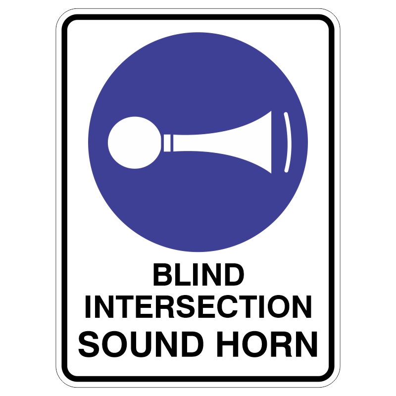 A traffic sign with a blue circular background featuring an icon of a horn and text reading BLIND INTERSECTION SOUND HORN in bold black letters.
