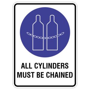 A safety sign displaying two gas cylinders secured by a chain, with the text ALL CYLINDERS MUST BE CHAINED below.