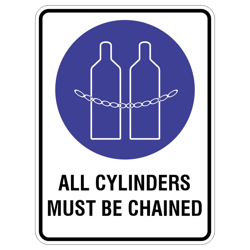 A safety sign displaying two gas cylinders secured by a chain, with the text ALL CYLINDERS MUST BE CHAINED below.