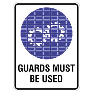 A safety sign featuring a blue circular background with a pattern of horizontal and vertical lines, displaying two white gears in the center, and the text GUARDS MUST BE USED in bold black letters underneath.