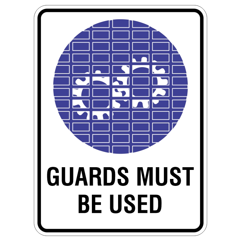A safety sign featuring a blue circular background with a pattern of horizontal and vertical lines, displaying two white gears in the center, and the text GUARDS MUST BE USED in bold black letters underneath.
