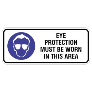 Safety sign indicating that eye protection must be worn in the area, featuring a graphic of a face wearing safety goggles against a blue background.