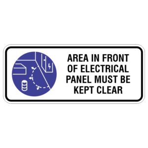 Sign instructing to keep the area in front of an electrical panel clear, featuring a graphic symbol of the panel and surrounding space marked for clarity.