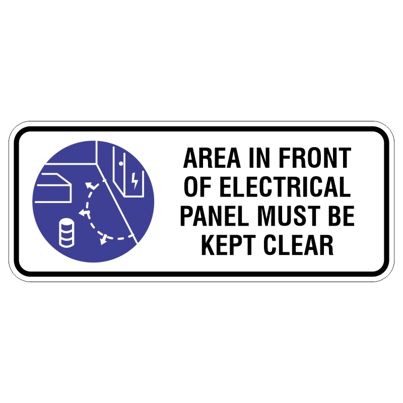 Sign instructing to keep the area in front of an electrical panel clear, featuring a graphic symbol of the panel and surrounding space marked for clarity.