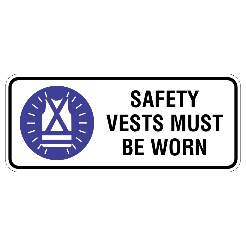 A rectangular sign with a blue background featuring an icon of a safety vest and the text SAFETY VESTS MUST BE WORN in bold black letters.