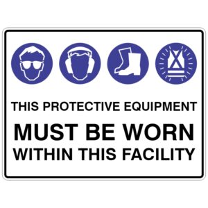Safety sign featuring icons for safety goggles, ear/eye protection, foot protection, and high visibility vest. Text reads This protective equipment must be worn within this facility, indicating required PPE inside the premises.