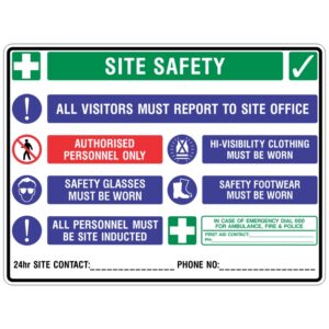 Comprehensive site safety sign with green header and emergency icons. Lists safety rules including: all visitors must report to site office, authorised personnel only, high-visibility clothing must be worn, safety glasses must be worn, safety footwear must be worn, and all personnel must be site inducted. Includes icons for each instruction and space for emergency contact details and 24hr site contact phone number.