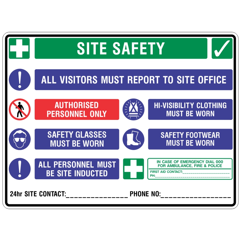 Comprehensive site safety sign with green header and emergency icons. Lists safety rules including: all visitors must report to site office, authorised personnel only, high-visibility clothing must be worn, safety glasses must be worn, safety footwear must be worn, and all personnel must be site inducted. Includes icons for each instruction and space for emergency contact details and 24hr site contact phone number.