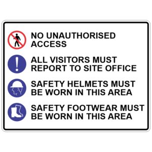 Site safety sign listing four requirements: no unauthorised access (with red prohibition symbol), all visitors must report to site office, safety helmets must be worn, and safety footwear must be worn. Includes corresponding icons for attention, head protection, and foot protection.