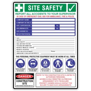 Construction site safety information sign with sections for emergency contacts, site supervisor, OHS manager, utility details, and emergency evacuation. Includes mandatory PPE symbols and text for safety helmets, eye protection, safety vests, protective clothing, and foot protection. Also features a red Danger Construction Site warning and access restriction notice for unauthorised persons. Let me know if you'd like a version with editable fields or icon variations.