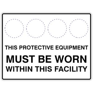 Safety sign with placeholder icons and the text This protective equipment must be worn within this facility; intended for specifying required protective gear.