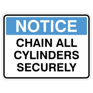 A notice sign that reads CHAIN ALL CYLINDERS SECURELY with NOTICE displayed in a blue header.