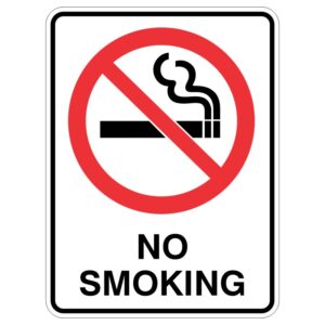 A rectangular sign featuring a red circle with a diagonal line crossing over a cigarette, accompanied by the text NO SMOKING in bold black letters below.