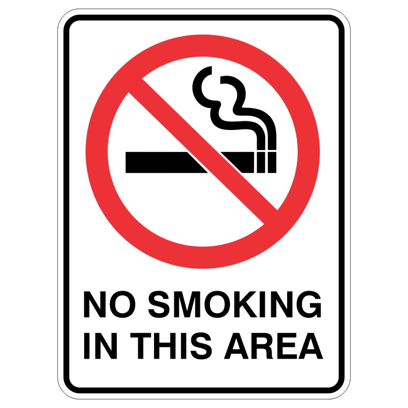 A red circle with a diagonal line crossing over a cigarette icon, accompanied by the text NO SMOKING IN THIS AREA below in bold black letters, indicating a no smoking policy.