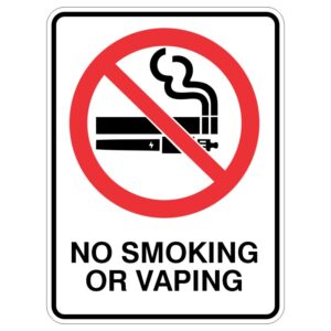 A sign featuring a red circle with a diagonal line across an image of a vape device and smoke, accompanied by the text NO SMOKING OR VAPING in bold letters beneath.