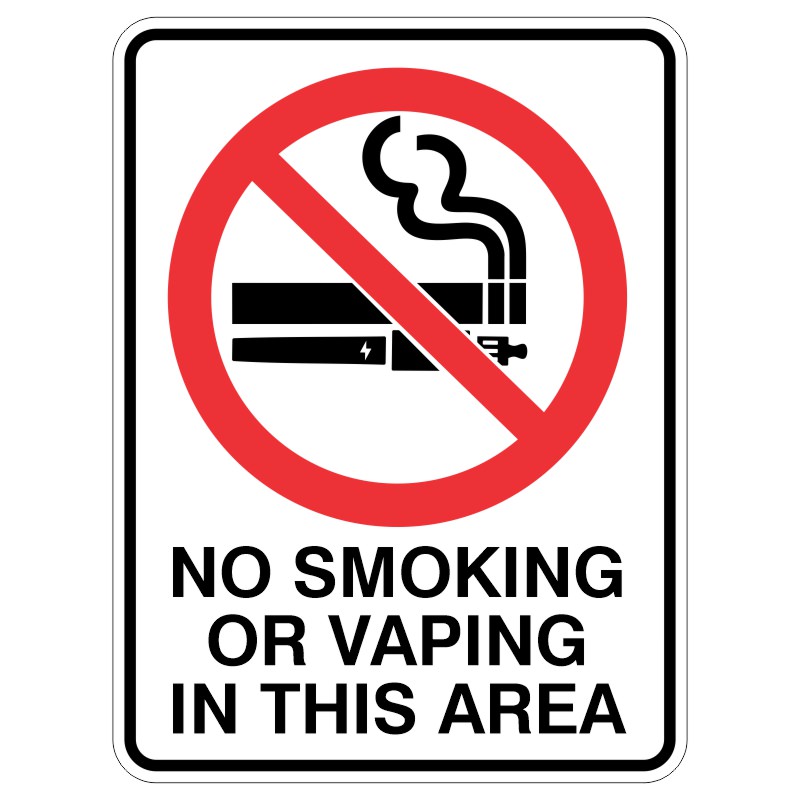 A sign with a red circle and diagonal line over a cigarette and vaping device, indicating No Smoking or Vaping in This Area in bold black letters.