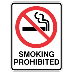 A sign depicting a red circle with a diagonal line over a cigarette and smoke, accompanied by the text SMOKING PROHIBITED underneath, indicating a no smoking area.