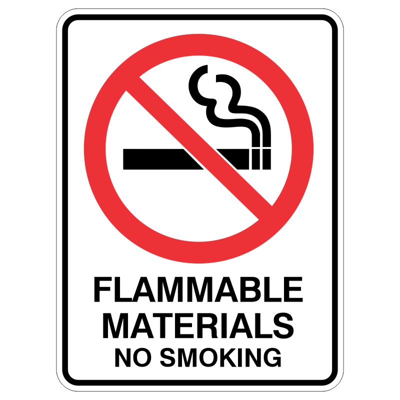 A sign featuring a red circle with a diagonal line over a cigarette illustration, accompanied by the text FLAMMABLE MATERIALS NO SMOKING in bold black letters, indicating a no-smoking policy due to fire hazards.