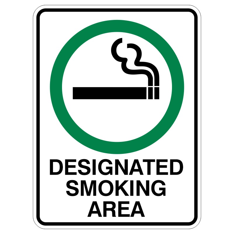A sign indicating a designated smoking area, featuring a green circle around a black cigarette icon with smoke above it, and the words DESIGNATED SMOKING AREA at the bottom.
