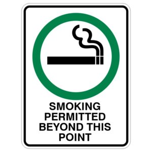 A sign indicating that smoking is permitted beyond this point, featuring a graphic of a cigarette with smoke and a green circle around it.