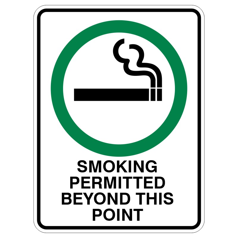 A sign indicating that smoking is permitted beyond this point, featuring a graphic of a cigarette with smoke and a green circle around it.