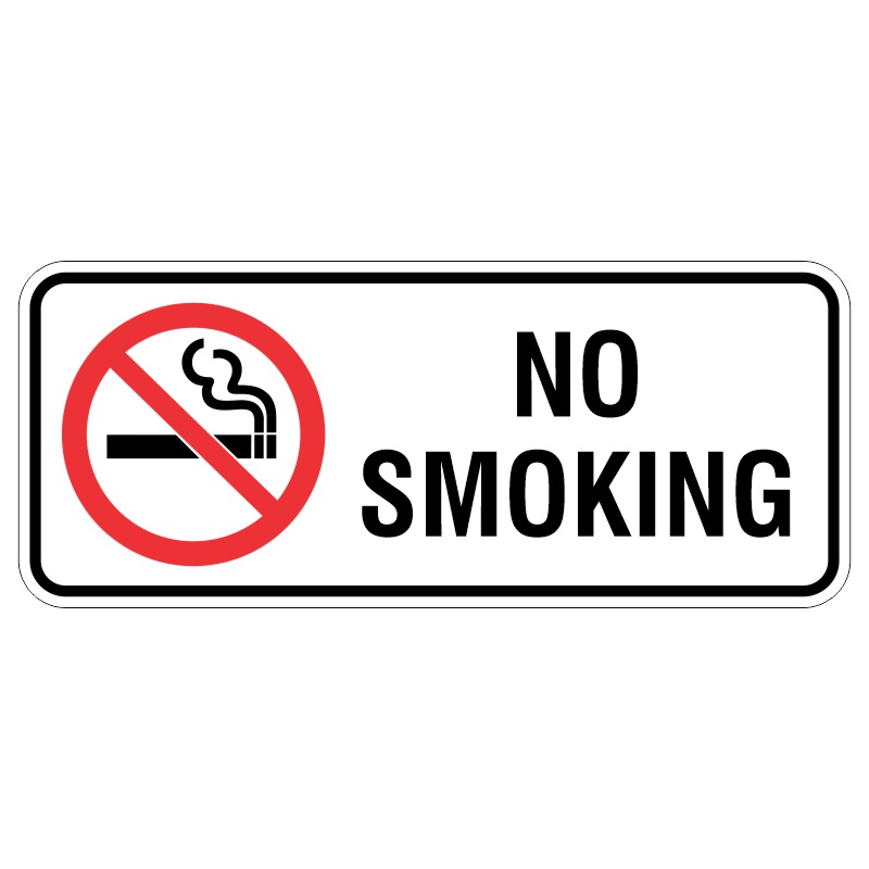 A rectangular sign with a red circle and diagonal line over a cigarette, accompanied by the text NO SMOKING in bold black letters.