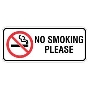 A rectangular sign with a red circle and diagonal line across a cigarette symbol, displaying the text NO SMOKING PLEASE in bold black letters.