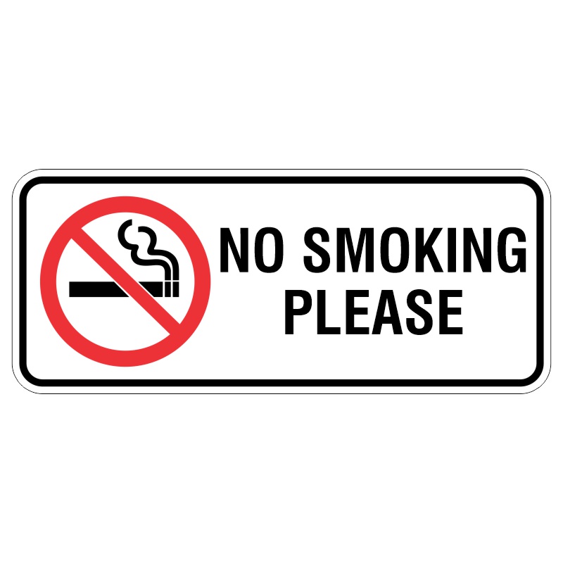 A rectangular sign with a red circle and diagonal line across a cigarette symbol, displaying the text NO SMOKING PLEASE in bold black letters.