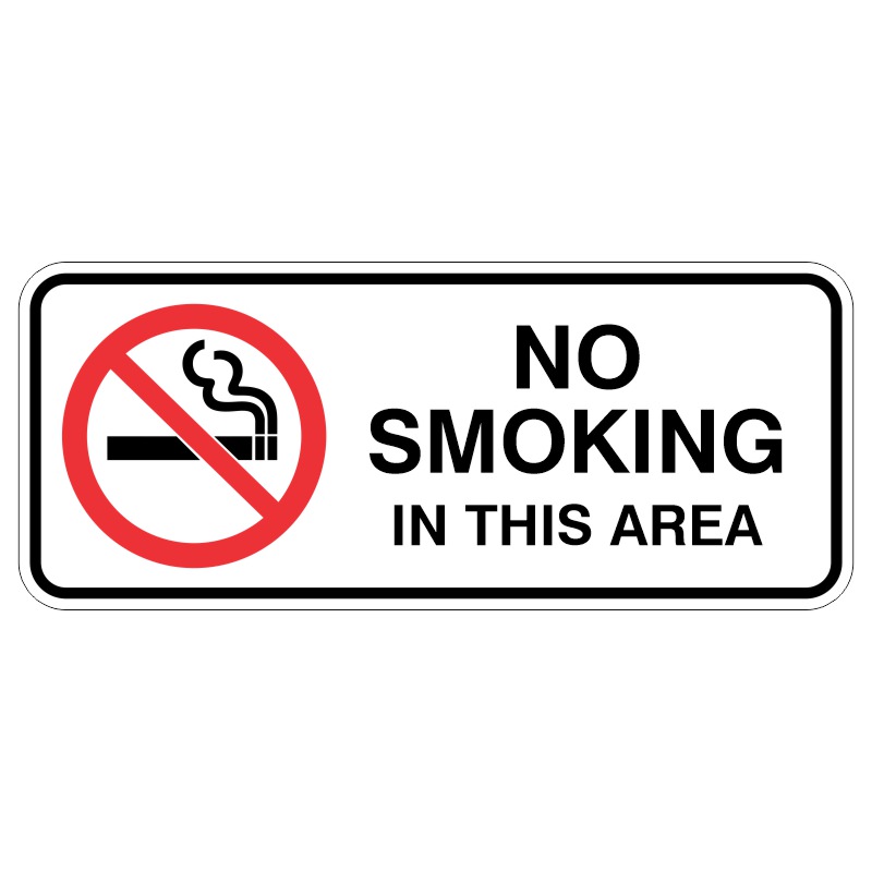 A rectangular sign with a red circle and diagonal line crossing over a cigarette symbol, accompanied by the text NO SMOKING IN THIS AREA in bold black letters.