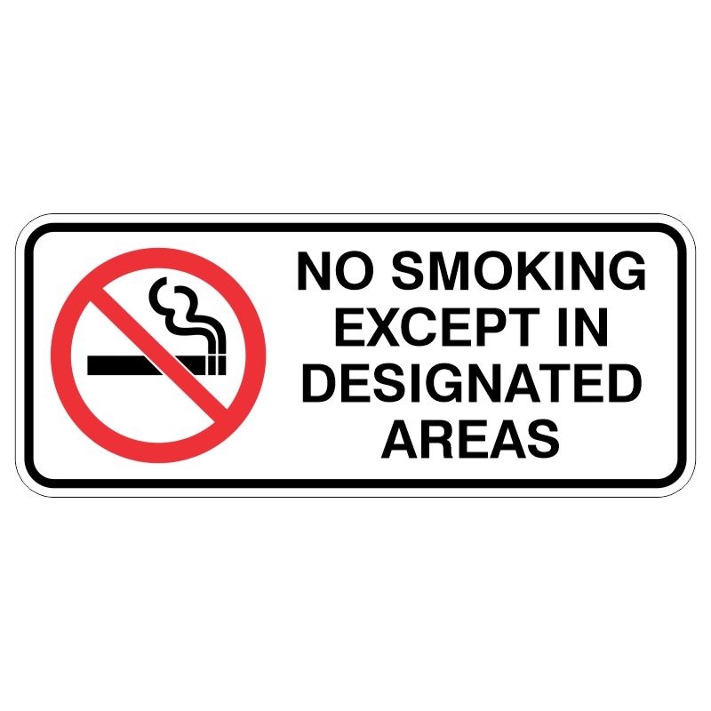 A rectangular sign featuring a red circle with a diagonal line over a cigarette and the text NO SMOKING EXCEPT IN DESIGNATED AREAS written in bold black letters on a white background.