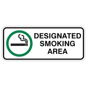 A sign indicating a designated smoking area, featuring a green circle with a stylized cigarette and smoke above the words DESIGNATED SMOKING AREA in bold black letters.