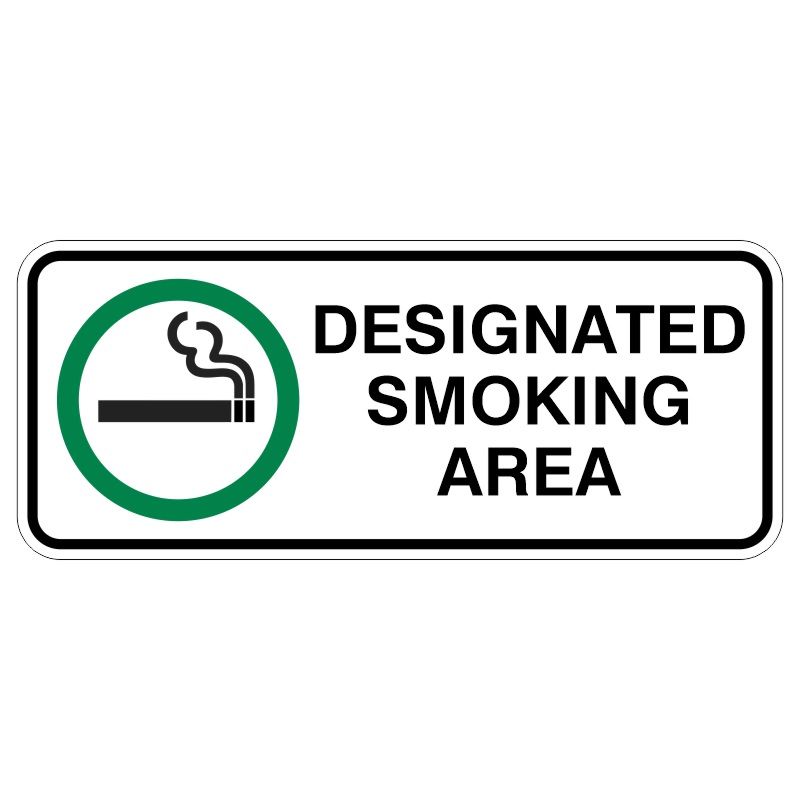 A sign indicating a designated smoking area, featuring a green circle with a stylized cigarette and smoke above the words DESIGNATED SMOKING AREA in bold black letters.