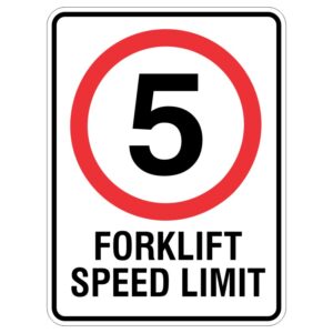 A traffic sign indicating a speed limit of 5 for forklifts, featuring a large black number '5' enclosed in a red circular border, with the text 'FORKLIFT SPEED LIMIT' below in bold black letters.