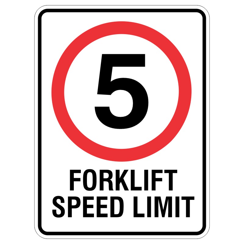 A traffic sign indicating a speed limit of 5 for forklifts, featuring a large black number '5' enclosed in a red circular border, with the text 'FORKLIFT SPEED LIMIT' below in bold black letters.