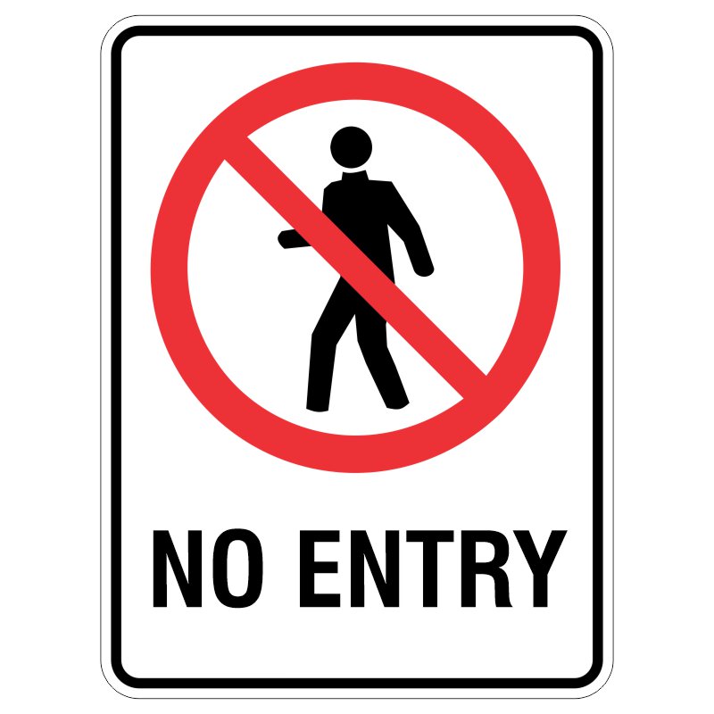 A 'No Entry' sign featuring a stylized figure of a person inside a red circle with a diagonal line across it, indicating pedestrians are prohibited from entering this area.